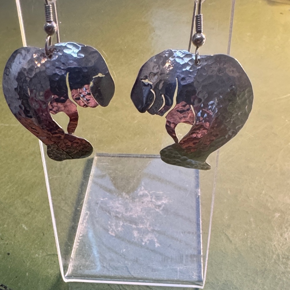 Silver Hammered Manatee Earrings vintage 1 3/4” long 5/8” wide made in FLORIDA